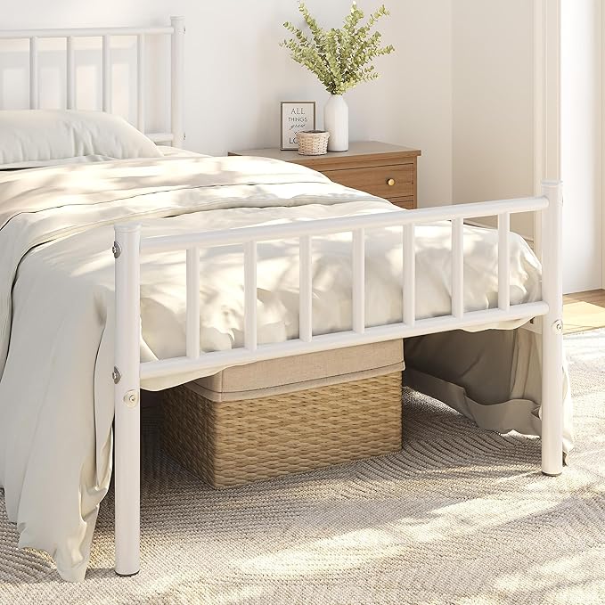 Yaheetech Twin Size Bed Frame Metal Platform Mattress Foundation with Spindle Headboard & Footboard/No Box Spring Needed/14 Inch Underbed Storage/Firm Support Easy Set up Structure, White