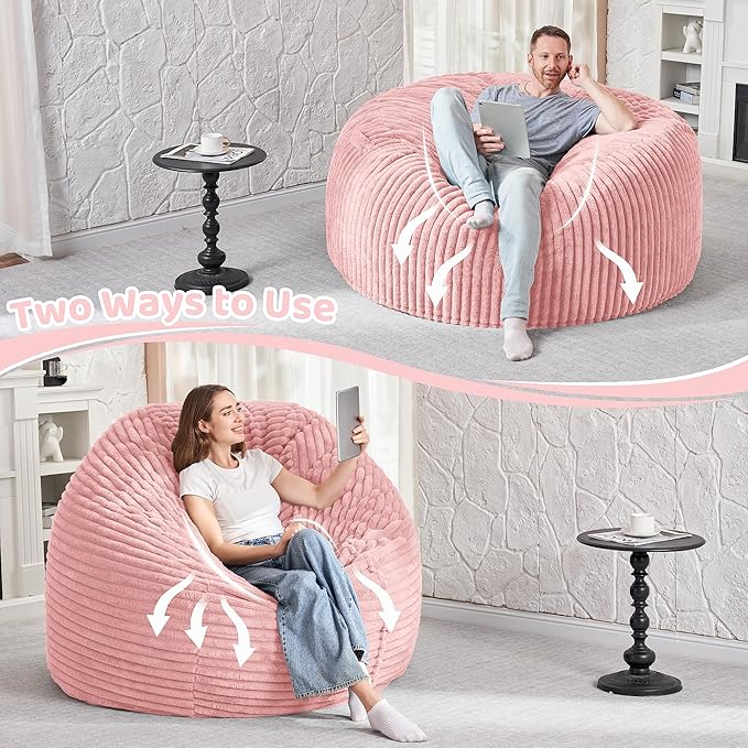 HABUTWAY 3FT Bean Bag Chair, 3' Large Bean Bag Chairs for Adults with Removable Stripe Plush Cover, Memory Foam Beanbag Chair for Living Room Bedroom Dorm (Tender Pink)