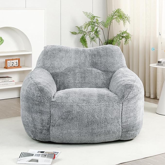 Furniliving Bean Bag Chair, Giant Bean Bag Chair Stuffed Floor Sofa for Adults Comfy Bean Bag Sofa with Back Support, Oversized Bean Bag Couch for Living Room Bedroom Dorm Office, Teddy, Dark Grey