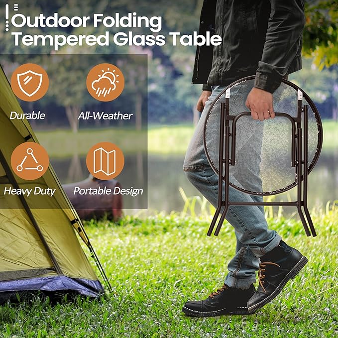 Foldable Patio Side Table Set of 2 with Tempered Glass Top 18" Folding Outdoor Side Tables Set of 2 Small Glass Patio End Tables for Porch Yard Balcony Deck Lawn Dining Garden (Brown)