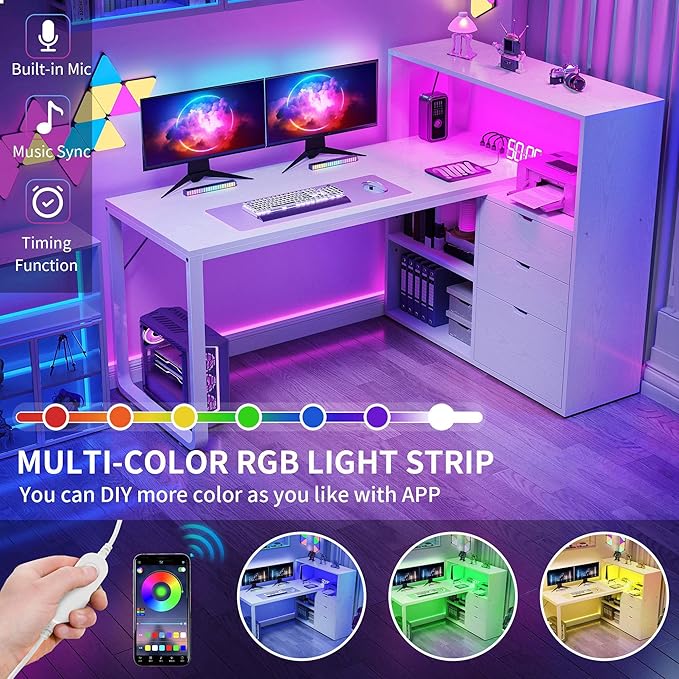 DWVO L Shaped Desk with Drawers, 55" Corner Computer Desk with Bookshelf & Power Outlets & LED Lights, Home Office Desk with Storage Shelves, White