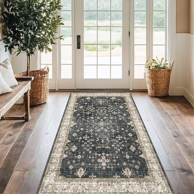 Washable 4x8 Hallway Runner Rug, Black Vintage 8ft Soft Runners for Entry Kitchen Non Slip Low Pile Thin Carpet for Living Room Bedroom Foyer
