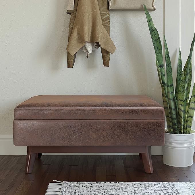SIMPLIHOME Owen 36 inch Wide Mid Century Modern Small Rectangular Storage Ottoman in Distressed Chestnut Brown Vegan Faux Leather, Assembled, For the Living Room, Entryway and Family Room