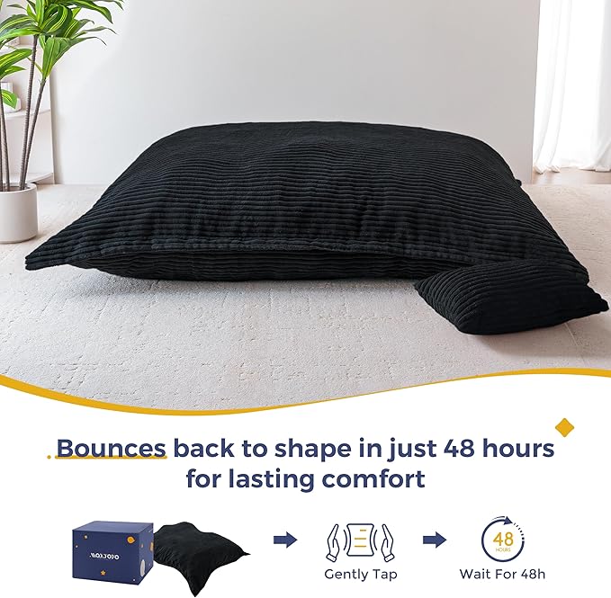 MAXYOYO Giant Bean Bag Chair with Pillow, 3 in 1 Convertible Bean Bag Chair for Adults with Washable Cover, Removable Floor Cushion Stuffed Floor Lounger for Living Room Bedroom, Black, Full