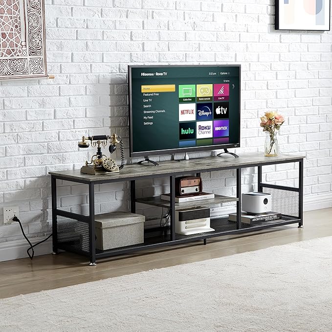 VECELO TV Stand with Power Outlets for Televisions up to 75Inch, 62" Media Entertainment Center with Charging Station 3-Tier Open Storage Shelves with Metal Frame for Living Room/Bedroom，Grey