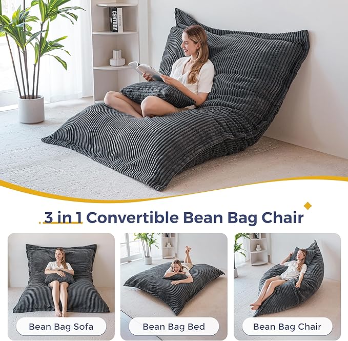 MAXYOYO Giant Bean Bag Chair with Pillow, 3 in 1 Convertible Bean Bag Chair for Adults with Washable Cover, Removable Floor Cushion Stuffed Floor Lounger for Living Room Bedroom, Dark Grey, Full