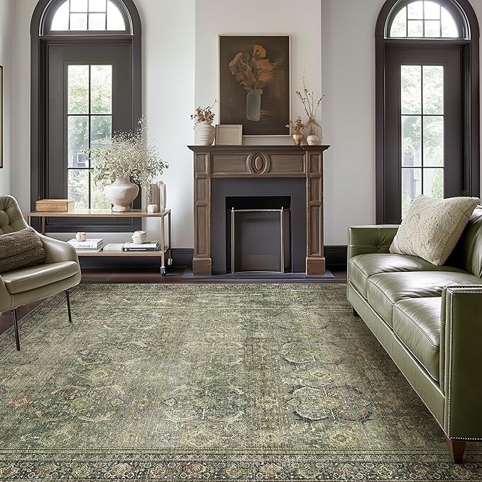 10X12 Area Rugs Machine Washable Rugs for Living Room, Vintage Boho Large Rugs for Bedroom Dining Room, Non Slip Indoor Soft Distressed Lightweight Thin Low Pile Carpet, Green
