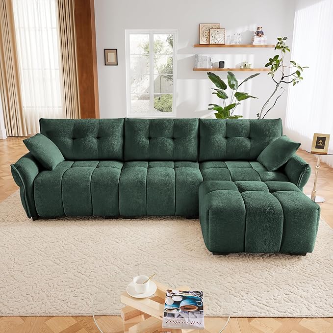 Modern Chenille Fabric 3-Seat Sofa w/Ottoman+2 Pillows, Premium Upholstery Living Room Couch with Tufted Backrest & Comfortable Armrests and High-Resilience Memory Foam Cushions,Green