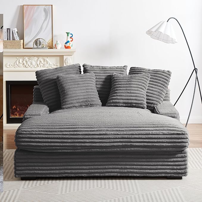 64" Oversized Chaise Daybed Lounge Sleeper Sofa Extra Wide Cloud Sofa&Couch, Luxury Plush Corduroy Upholstered Loveseat Couch Deep Seat Living Room Queen Size Sofabed W/5 Pillows for Home/Apartment