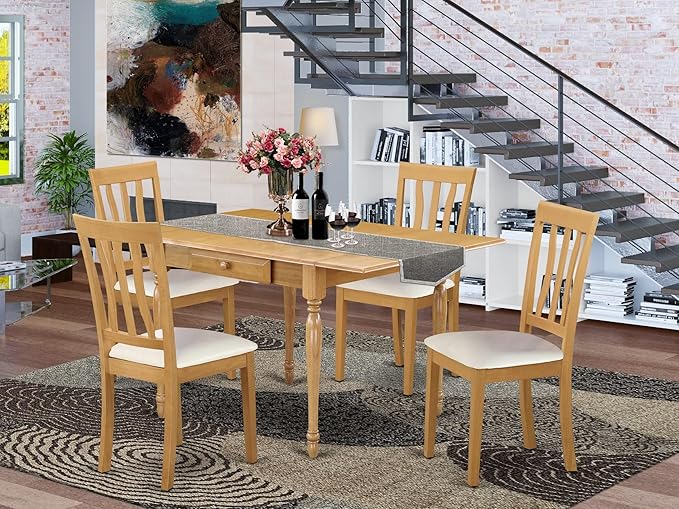 East West Furniture MZAN5-OAK-LC 5 Piece Modern Dining Table Set Includes a Rectangle Wooden Table with Dropleaf and 4 Faux Leather Upholstered Dining Chairs, 36x54 Inch, Oak