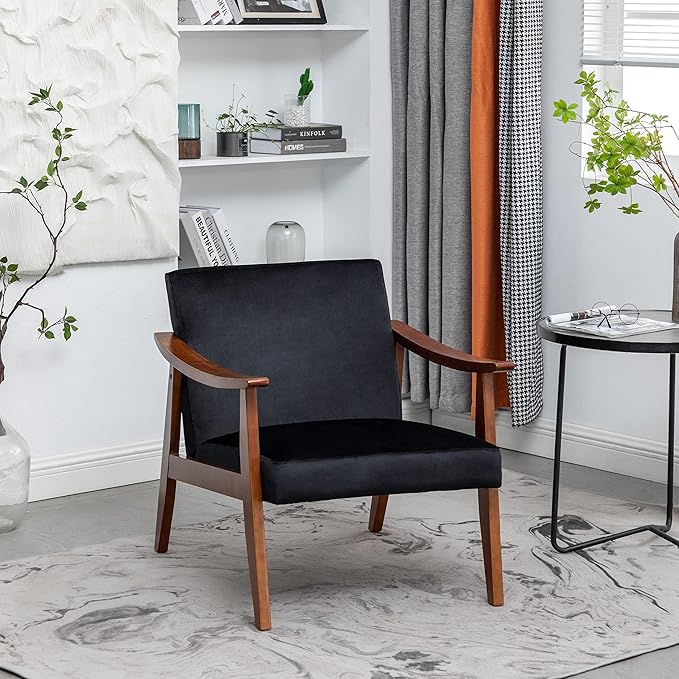 Container Furniture Direct Accent Chair with Velvet Upholstery and Solid Wood Frame, Classic Mid-Century Modern Living Room Furniture for Extra Seating, Black