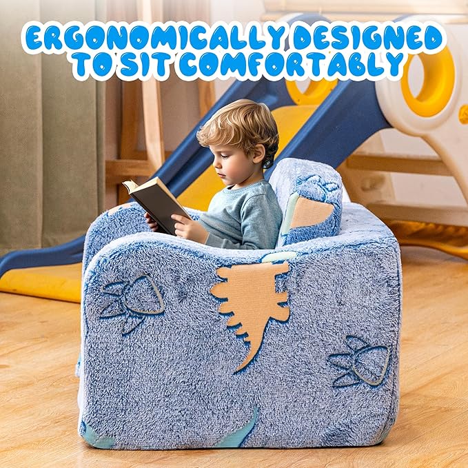 Lamerge 2-in-1 Toddler Couch,Glow in The Dark Baby Floor Bed,Foldable Toddler Chair Kids Sofa for playroom,Convertible Sofa to Lounger for Girls and Boys (Blue and Dinosaur)