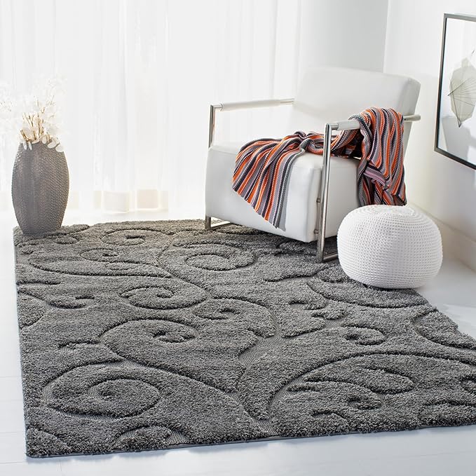 SAFAVIEH Florida Shag Collection Area Rug - 5'3" x 7'6", Grey, Scroll Design, Non-Shedding & Easy Care, 1.2-inch Thick Ideal for High Traffic Areas in Living Room, Bedroom (SG455-8013)