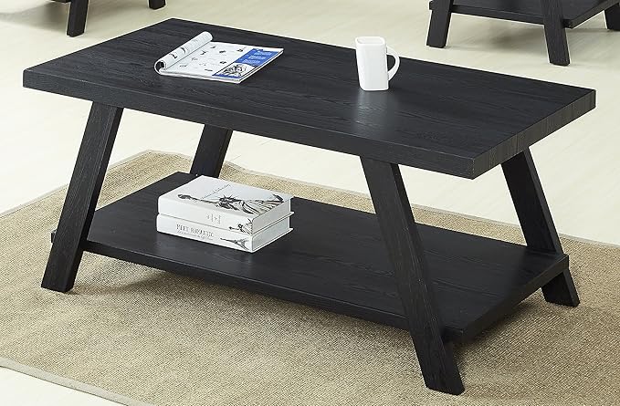 Roundhill Furniture Athens Contemporary Replicated Wood Shelf Coffee Table in Black Finish