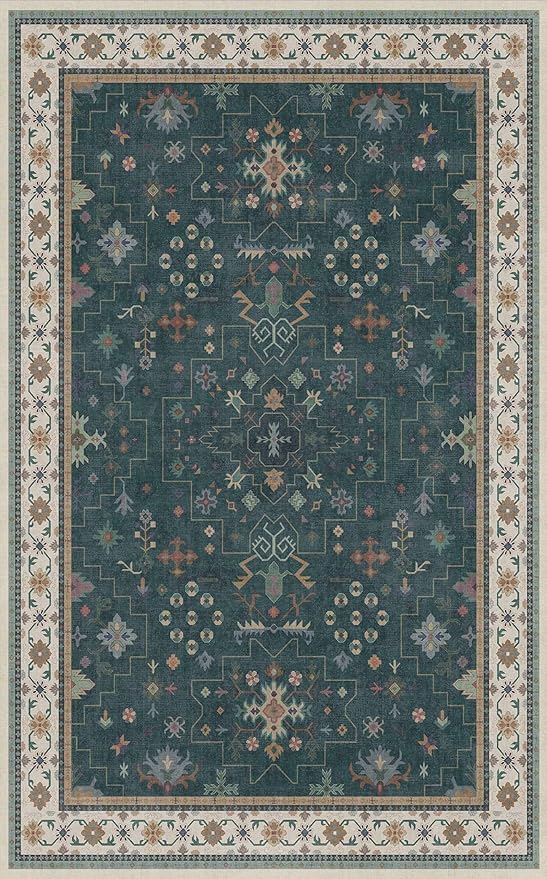 Dark Green Oushak 5x8 Living Room Rug - Modern Vintage Boho Eclectic Floral Pastel, Washable Low Pile Non-Slip Large Area Rugs for Nursery Dining Under Table Bedroom Lounge