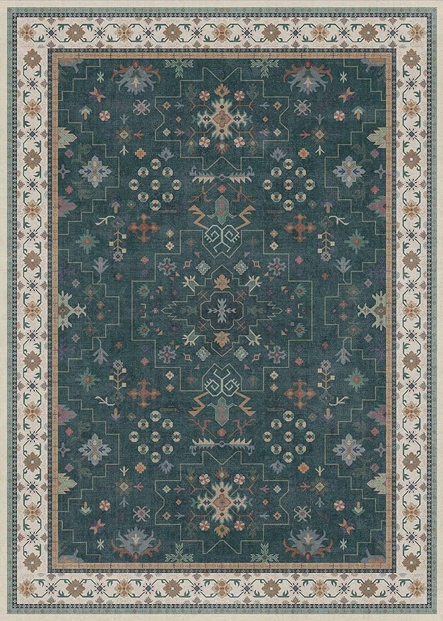 Dark Green Oushak 5x7 Living Room Rug - Modern Vintage Boho Eclectic Floral Pastel, Washable Low Pile Non-Slip Large Area Rugs for Nursery Dining Under Table Bedroom Lounge