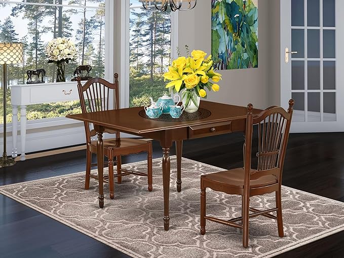 East West Furniture MZDO3-MAH-W 3 Piece Dining Room Furniture Set Contains a Rectangle Kitchen Table with Dropleaf and 2 Dining Chairs, 36x54 Inch, Mahogany