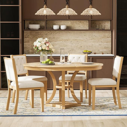 Merax 5-Piece Extendable Round Dining Table Set 42"-58" Retro Functional Table and 4 Upholstered Chairs for Dining Room and Living Room (Natural)