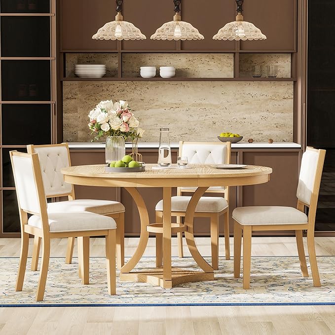 Ball & Cast Retro Dining Table Set for 4 with 4 Upholstered Chairs,5-Piece Wooden Living Room Furniture W/ 42" Round Extendable Kitchen Desk,for Small Space,Apartment,Dining Room,Natural