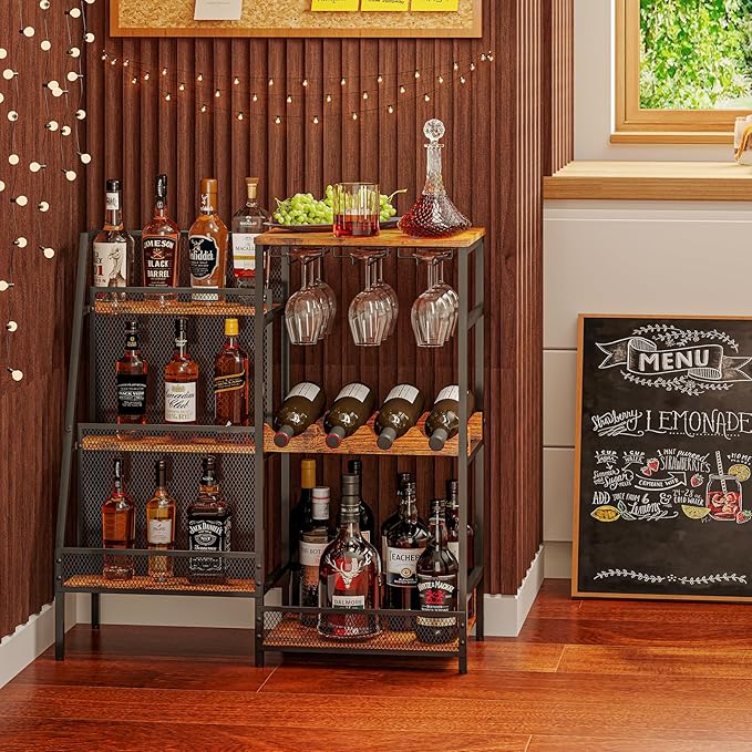 Versatile Liquor Stand for Home Bar, Wine Rack Freestanding Floor, Mini Bar Table for Liquor Whiskey Wine, 3-Tier Trapezoidal Liquor Bottle Display Shelf with Glass Holder and Fences(Patent Pending)