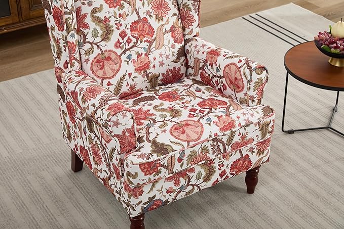 Ball & Cast Modern Accent Chair,Comfy Upholstered Armchair with Retro Wood Legs,Floral Design Single Sofa Chair,Living Room Furniture for Apartment,Bedroom,Office,Linen Fabric,Floral Red
