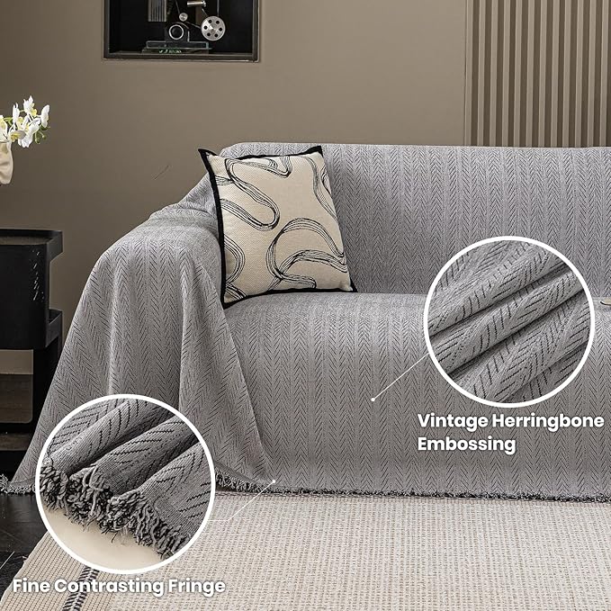 Nobildonna Sofa Cover Washable Soft Thicken Chenille Couch Cover with Tassel,Waterproof Sofa Slipcover for 2-3 Cushion Couch,Sectional Sofa,L-Shaped Furniture Protector Pet-Friendly,Gray 71"x118"