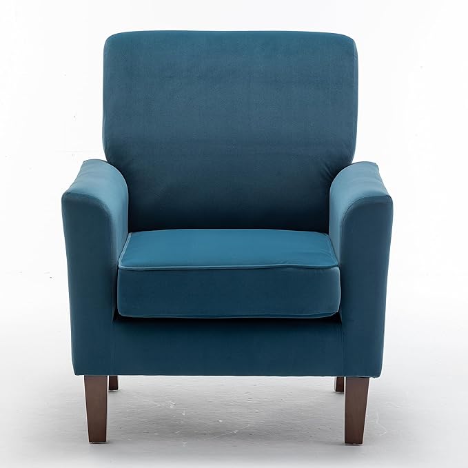 Container Furniture Direct Contemporary Accent Arm Chair with Birch Wood Frame and Velvet Upholstery, Armchair for Office and Living Room Decor, Removable Cushions, Greenish Blue
