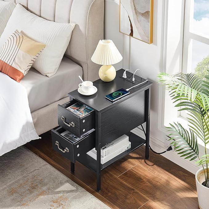 VECELO End Tables,Narrow Nightstands with Charging Station & USB Ports &Drawers,Night Stand for Living Room, Bedroom,Black