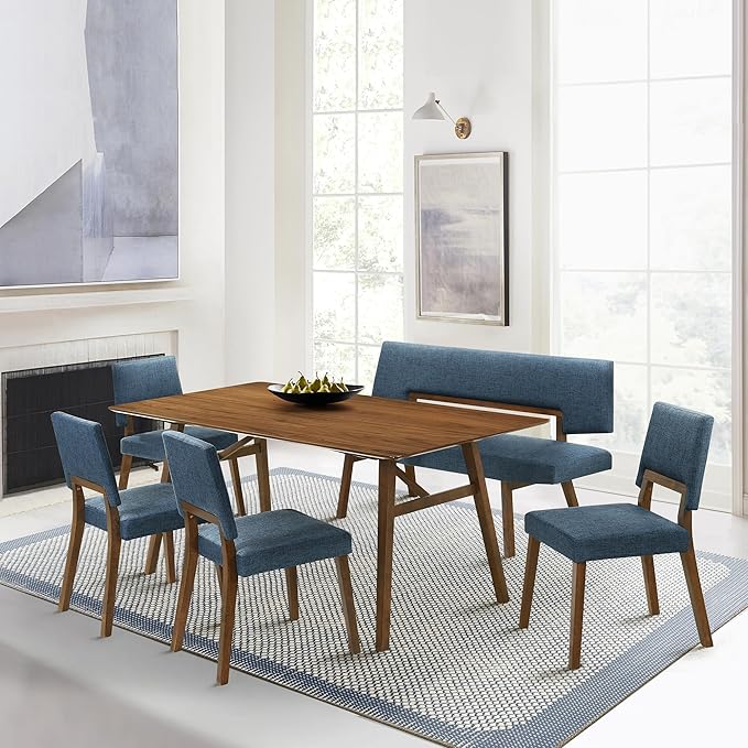 Armen Living Channell Mid Century Modern 6 Piece Walnut Wood Dining Table Set with Bench in Blue Fabric