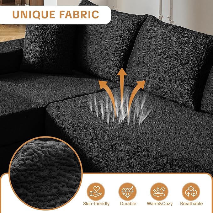 108" Modular Sectional Cloud Sofa - Boneless Couch with Deep Seat, Non Slip Base, Folding Sofa Sectional Couches for Living Room, Cozy Modular Couch with L-Shape Chaise, No Assembly Required, Black