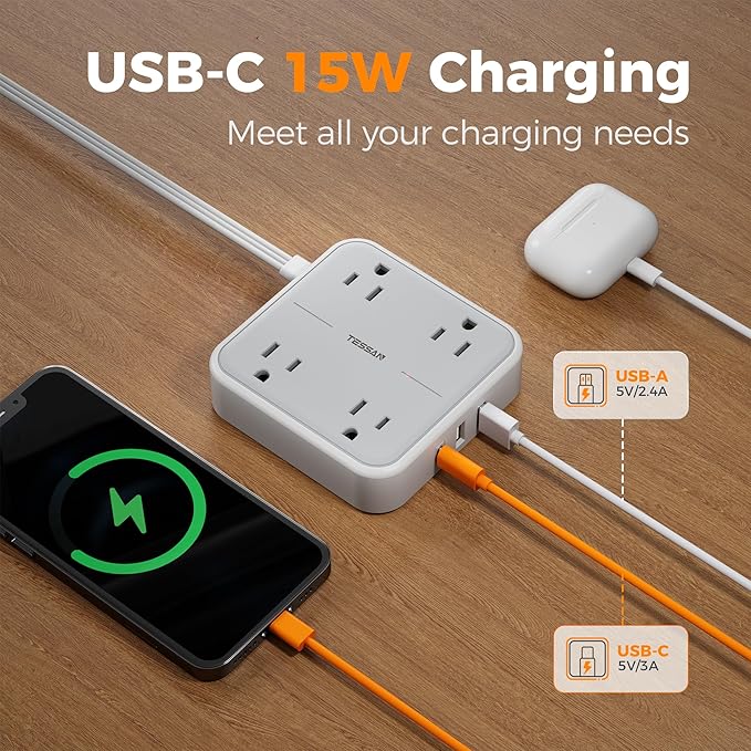 Surge Protector Long Extension Cord 25FT, TESSAN Flat Plug Power Strip with 4 Outlets 3 USB Ports (1 USB C), 900 Joules Protection, Multiple Wall Outlet Extender Suitable for Home Office Dorm, Grey