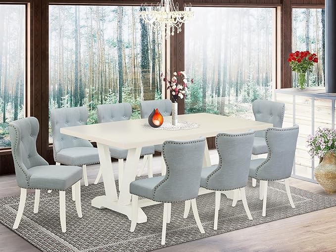 East West Furniture V027SI215-9 9 Piece Kitchen Table Set Includes a Rectangle Dining Table with V-Legs and 8 Baby Blue Linen Fabric Parson Dining Room Chairs, 40x72 Inch, Multi-Color