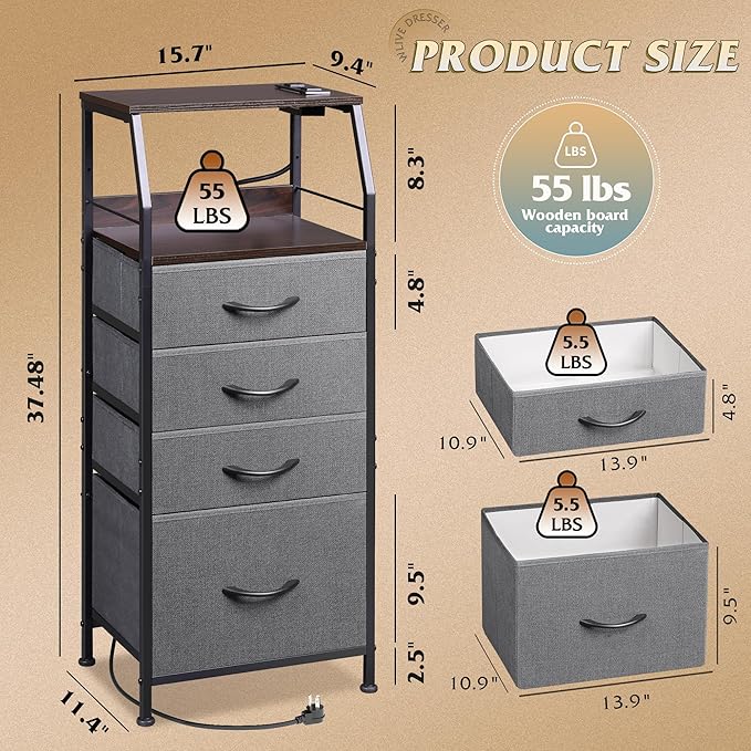 WLIVE Nightstand with Charging Station, Night Stand with LED Light, Tall 4 Drawer Dresser for Bedroom, 37" H Bedside Table with Fabric Storage Bins, Open Wood Shelf, Metal Frame, Dark Grey