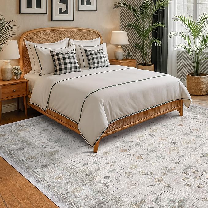 Boho Light Grey Living Room Rug 8x10 - Modern Vintage Eclectic Floral Pastel Neutral Taupe, Washable Low Pile Non-Slip Extra Large Area Rugs for Dining Under Table Bedroom Lounge