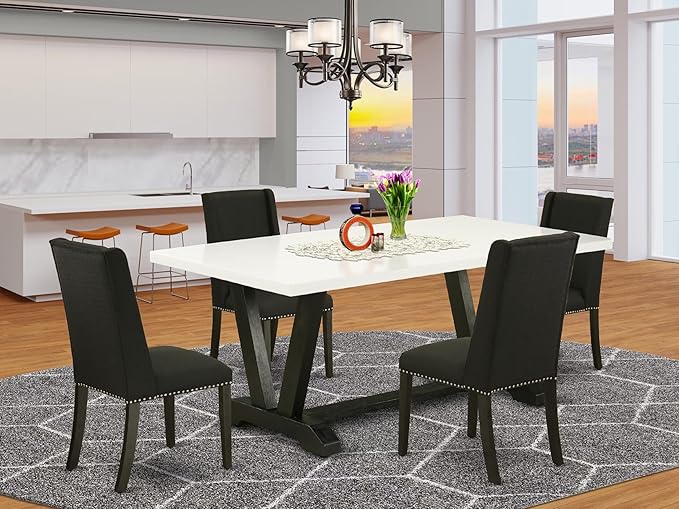 East West Furniture V627FL624-5 5 Piece Kitchen Table & Chairs Set Includes a Rectangle Dining Room Table with V-Legs and 4 Black Linen Fabric Upholstered Chairs, 40x72 Inch, Multi-Color