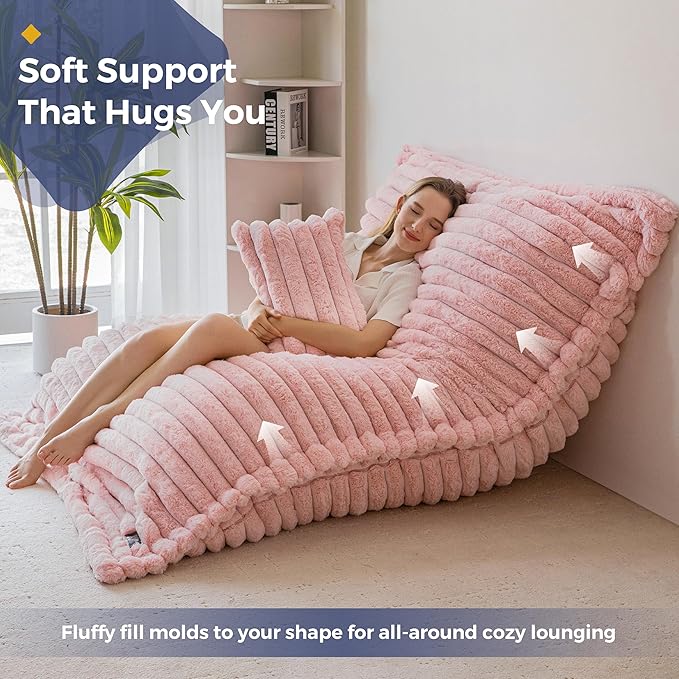 MAXYOYO Giant Bean Bag Chair with Pillow, 3 in 1 Convertible Bean Bag Chair for Adults with Washable Cover, Removable Floor Cushion Stuffed Floor Lounger for Living Room Bedroom, Pink