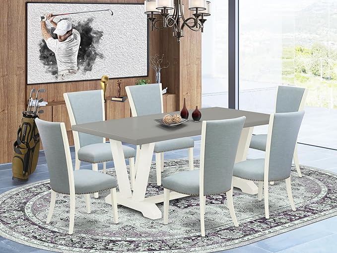 East West Furniture V097VE215-7 7 Piece Dining Table Set Consist of a Rectangle Dining Room Table with V-Legs and 6 Baby Blue Linen Fabric Upholstered Chairs, 40x72 Inch, Multi-Color
