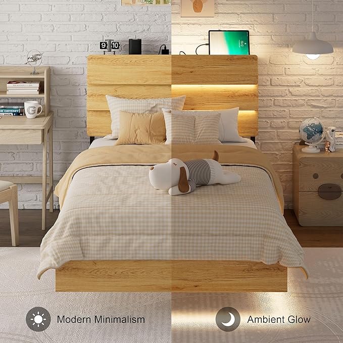 Feonase Floating Bed Frame Twin with Led Lights and Charging Station, Wood Full Size Bed Frame with Storage Headboard, Heavy Duty Metal Slats, No Box Spring Needed, Easy Assembly,Oak