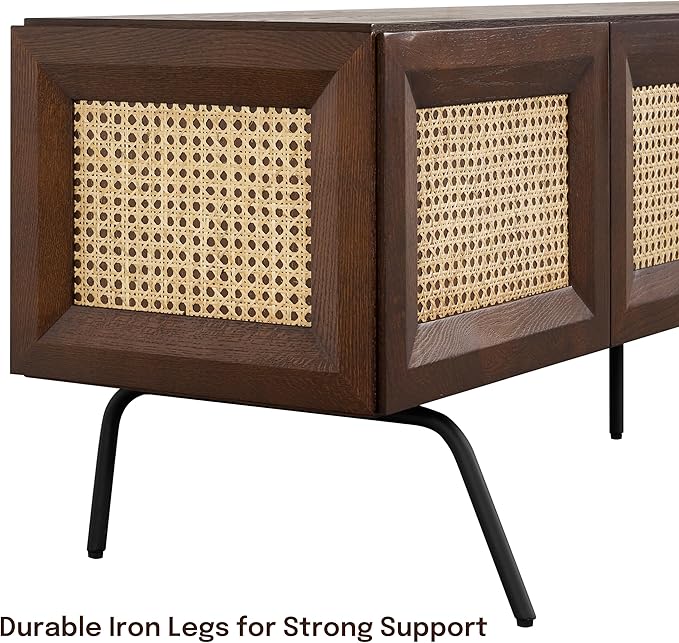 NTC Mossic TV Media Cabinet with 4 Doors for TVs, Entertainment Center with Natural Rattan, Metal Legs, Modern Storage Console for Living Room and Bedroom, Effortless Assembly, Dark Walnut