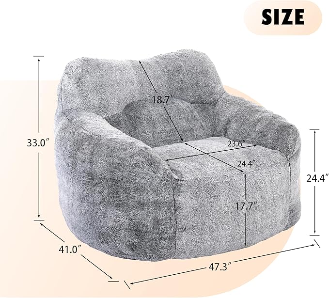 Furniliving Bean Bag Chair, Giant Bean Bag Chair Stuffed Floor Sofa for Adults Comfy Bean Bag Sofa with Back Support, Oversized Bean Bag Couch for Living Room Bedroom Dorm Office, Teddy, Dark Grey