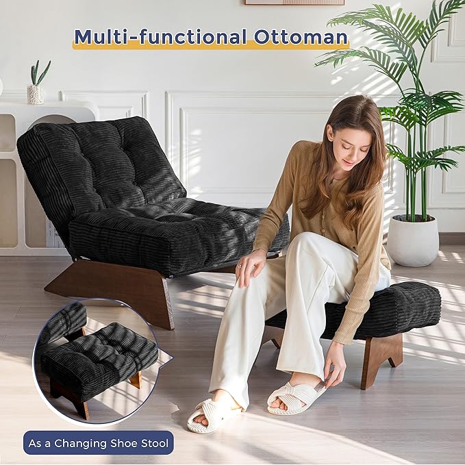 MAXYOYO Accent Chair with Ottoman Adjustable Backrest, Tufted Living Room Chair Upholstered Lounge Chair with Footrest Set, Modern Chair Cozy Reclining for Reading Room, Black