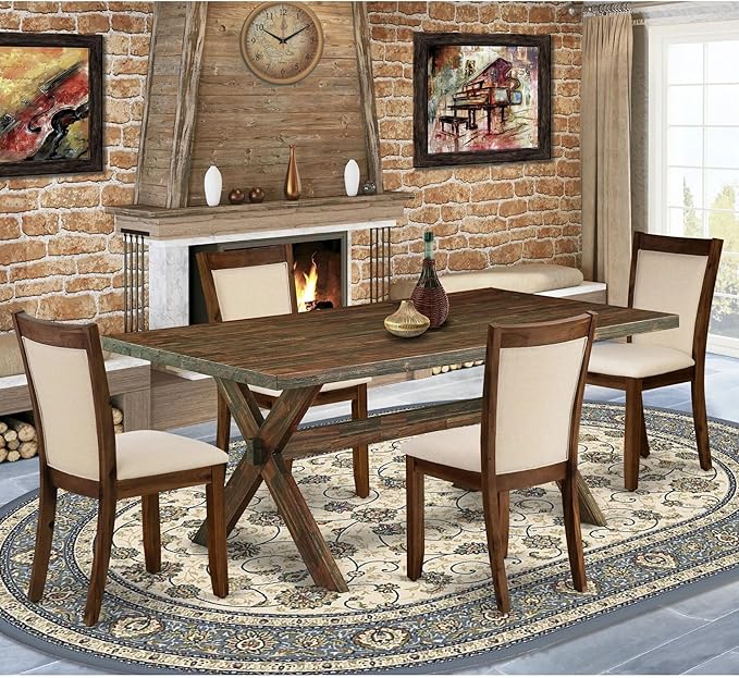 East West Furniture X777MZN32-5 5 Piece Kitchen Table & Chairs Set Includes a Rectangle Dining Room Table with X-Legs and 4 Light Beige Linen Fabric Parsons Chairs, 40x72 Inch, Multi-Color