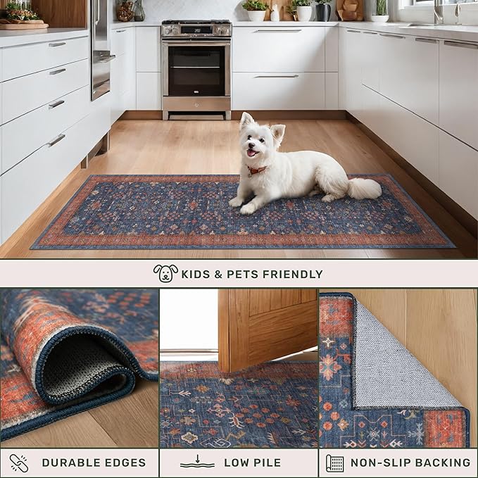 Washable 12 ft Long Runner for Kitchen Floor - Navy Blue Hallway Runner Rug, Pet Friendly Waterproof Non Slip with Rubber Backing, Stain Resistant Laundry Room Rug (3x12 Navy Blue & Terracotta)