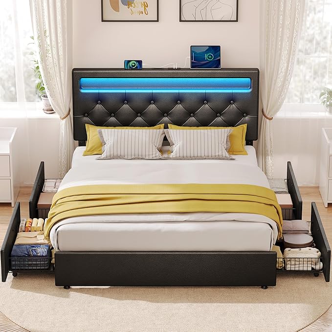 Rolanstar Queen Bed Frame with 4 Storage Drawers and Charging Station, Queen Bed with Led Lights, 2 USB & 1 Type C, Adjustable Headboard 38.9/40.8 Inches, No Box Spring Needed, Black