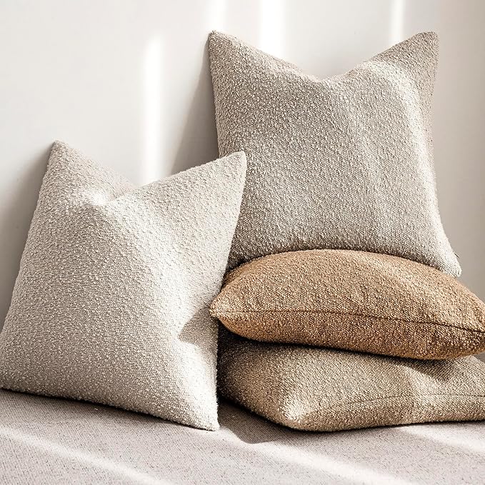 Foindtower Set of 2, Decorative Textured Boucle Throw Pillow Covers Accent Solid Pillow Cases Neutral Cozy Couch Cushion Case for Chair Sofa Bedroom Living Room Home Decor 16 x 16 Inch Ivory Beige