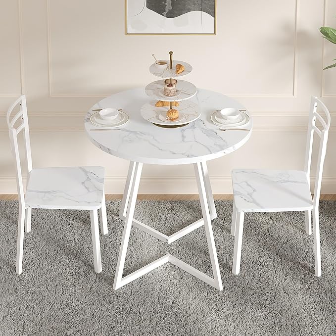 VECELO Small Round Dining Table Set for 2, Wood Tabletop with Strong Metal Frame, Modern Dinette with Chairs for Kitchen, Breakfast Nook Living Room, Faux Marbled & White
