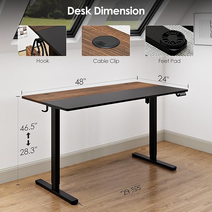 Monomi Electric Height Adjustable Standing Desk, 48x24 Inches, Ergonomic Home Office Sit/Stand Up Desk (Black Steel Frame/Black Top)