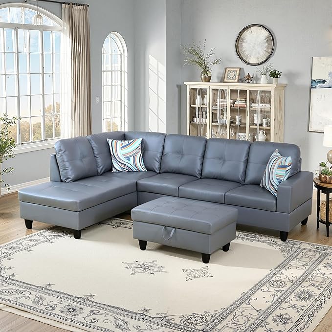 NicBex Sectional Couch 3 Pieces Sofa Set with Right Chaise Synthetic Leather L Shaped Cloud Couch for Living Room Furniture Sets with Storage Ottoman, Modular Sofa for Living Room & Apartment, Gray