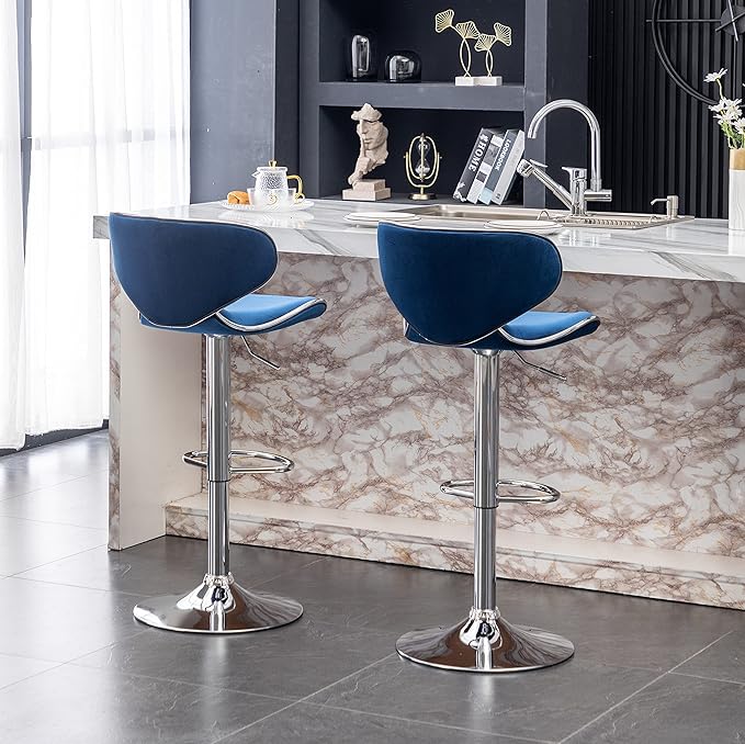 Roundhill Furniture Masaccio Velvet Upholstered Adjustable Swivel Barstool, Set of 2, Blue