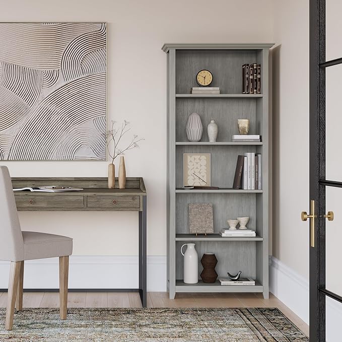 SIMPLIHOME Amherst Bookcase - 70 inch Tall 5-Shelf Solid Wood Bookshelf in Fog Grey, Transitional Storage for Living Room, Study Room or Office with Adjustable Shelves and Tapered Legs